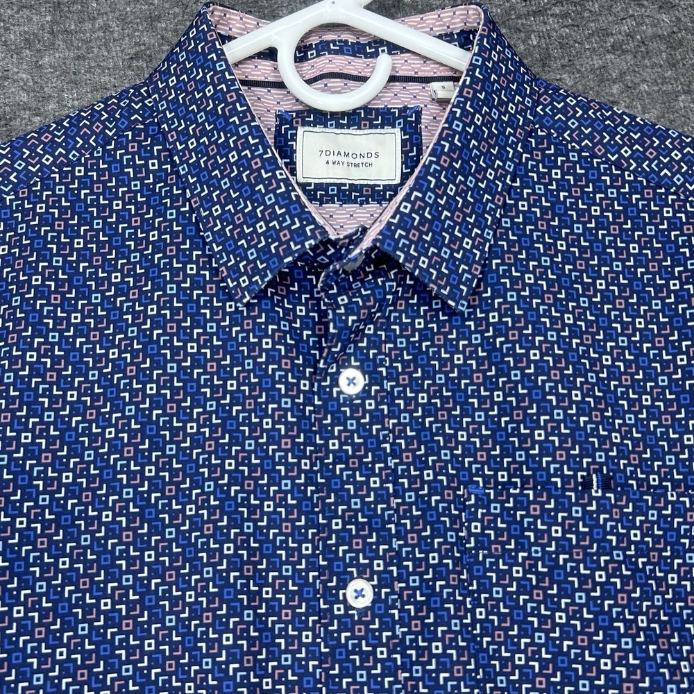 7 Diamonds Shirt Mens S Blue Geometric 4 Way Stretch Performance Short sleeve